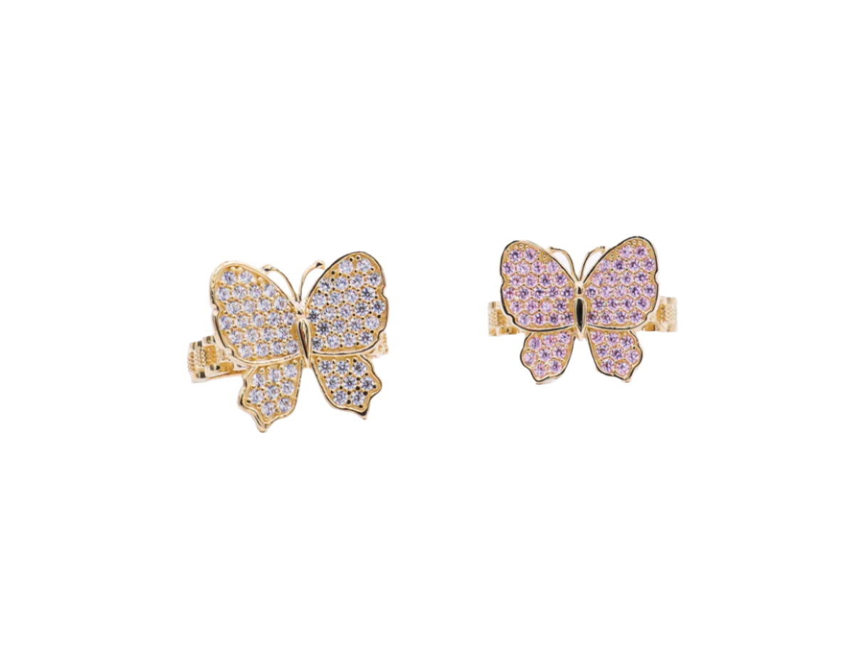 10K Solid Yellow Gold Butterfly Rolly Band Ring (Pink & White CZ)