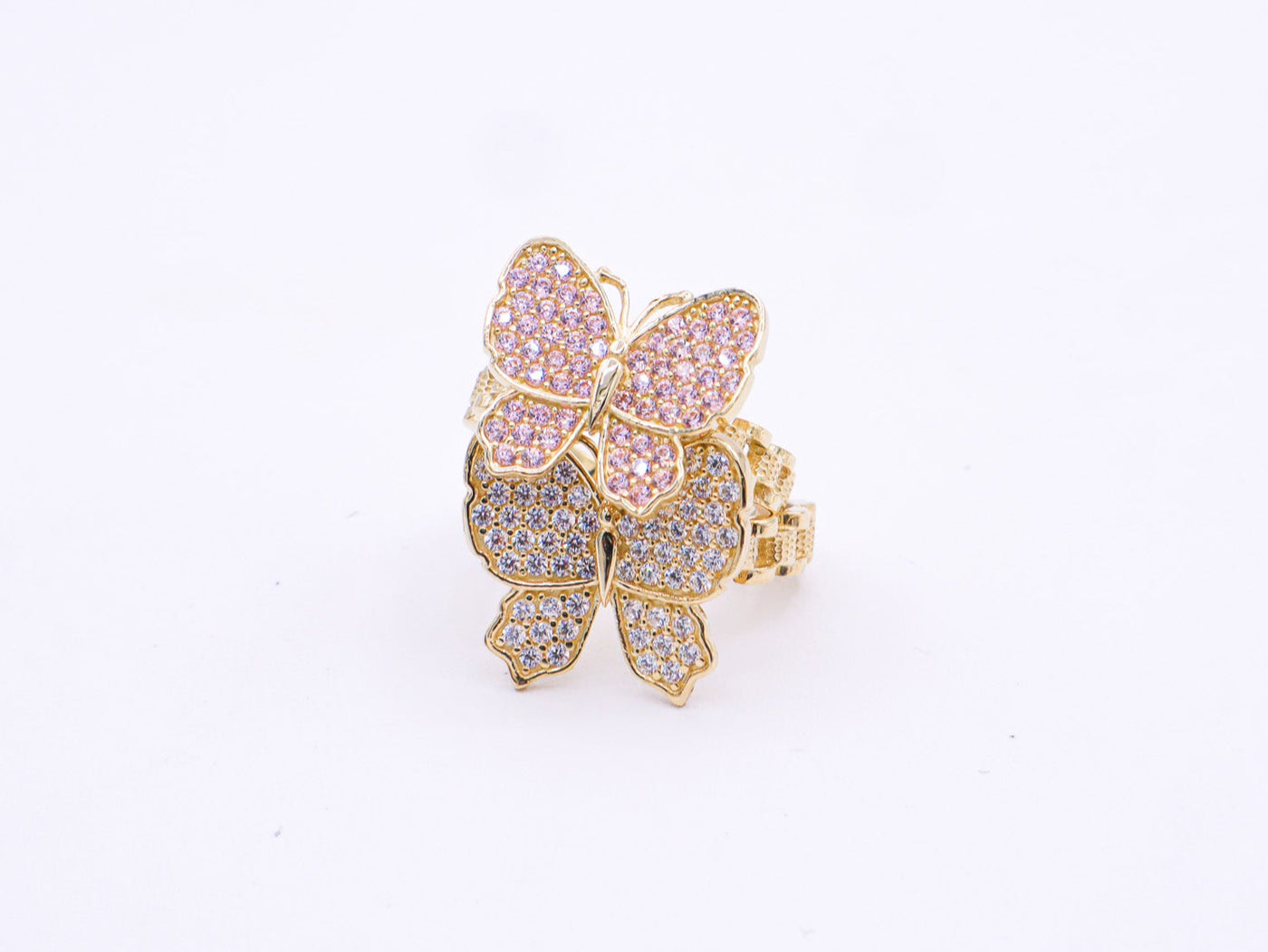 10K Solid Yellow Gold Butterfly Rolly Band Ring (Pink & White CZ)