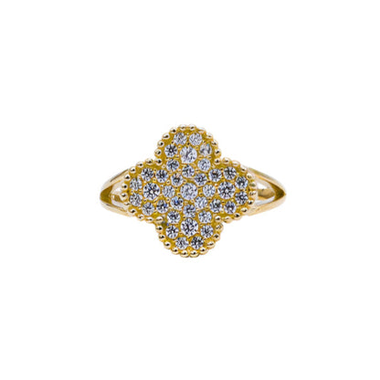Four Leaf Lucky Clover CZ Women's Ring -10K yellow Gold-CZ Cubic Zirconia Pink White | STF DIAMONDS JEWELRY