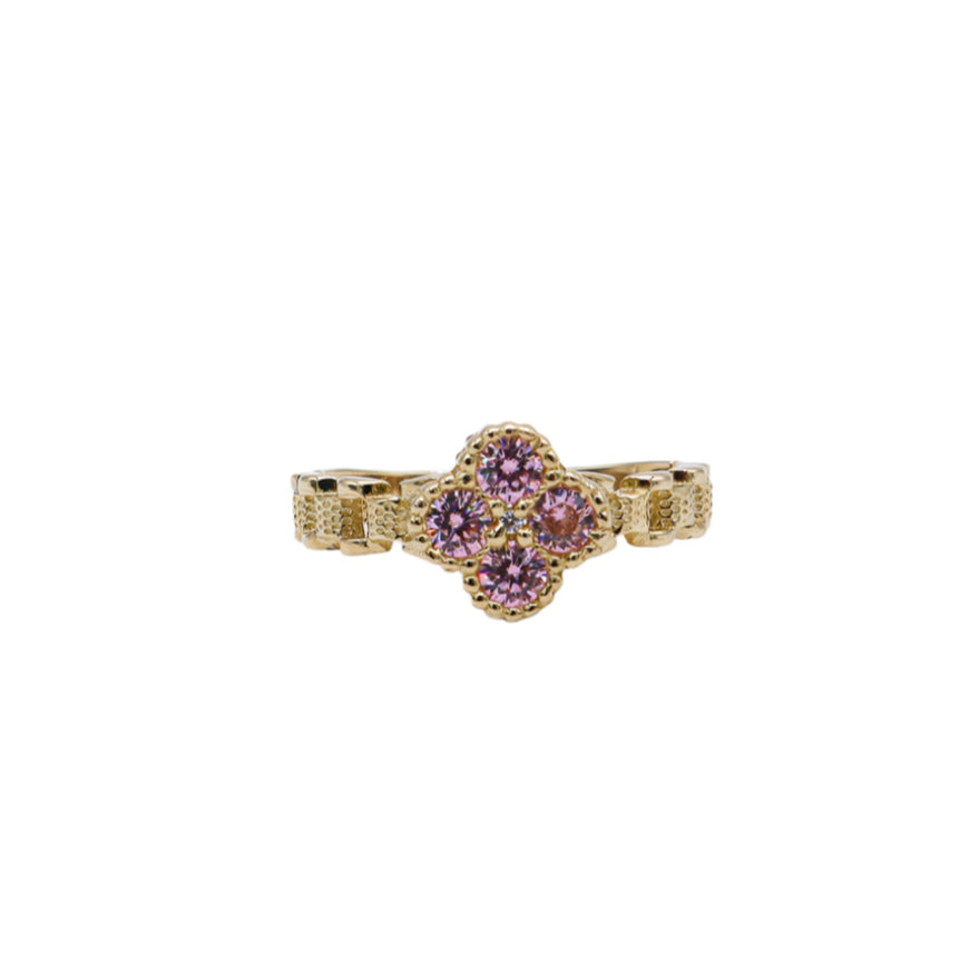 10K Solid Yellow Gold Pink Four Leaf Clover Rolly Band Ring