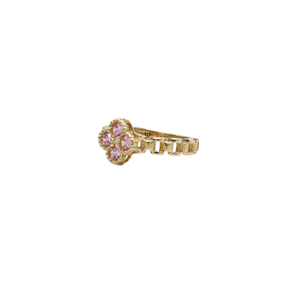 10K Solid Yellow Gold Pink Four Leaf Clover Rolly Band Ring