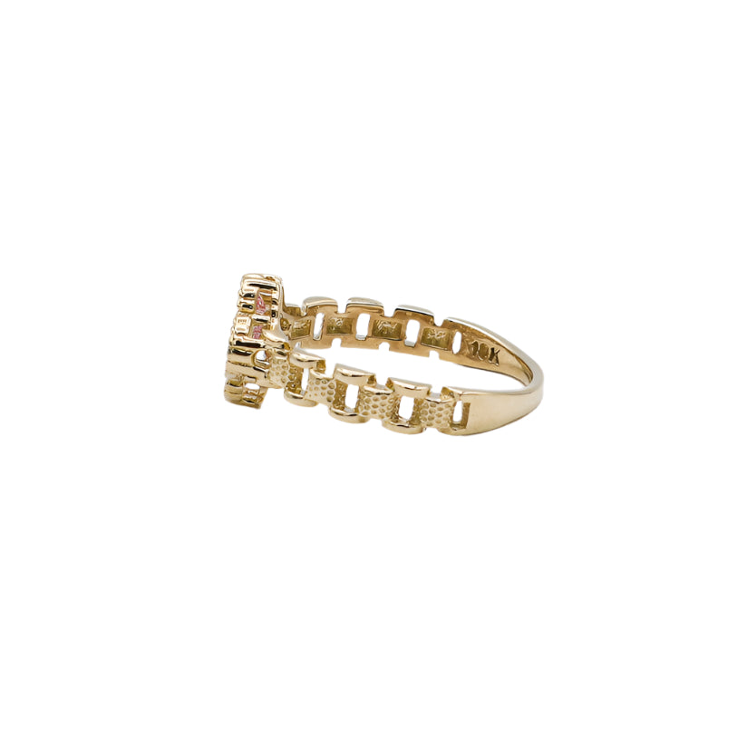 10K Solid Yellow Gold Pink Four Leaf Clover Rolly Band Ring
