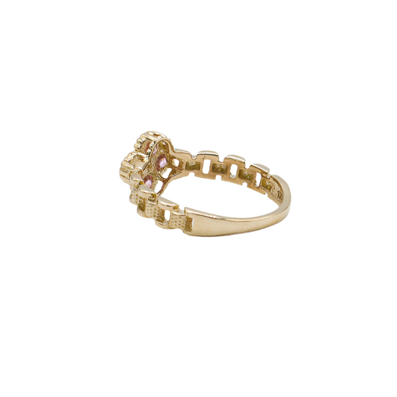 10K Solid Yellow Gold Pink Four Leaf Clover Rolly Band Ring