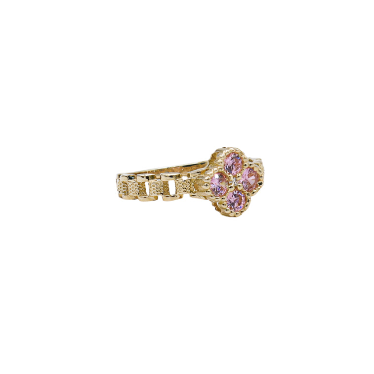 10K Solid Yellow Gold Pink Four Leaf Clover Rolly Band Ring