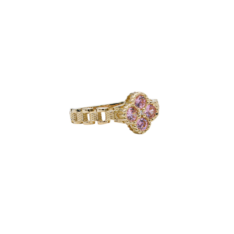 10K Solid Yellow Gold Pink Four Leaf Clover Rolly Band Ring