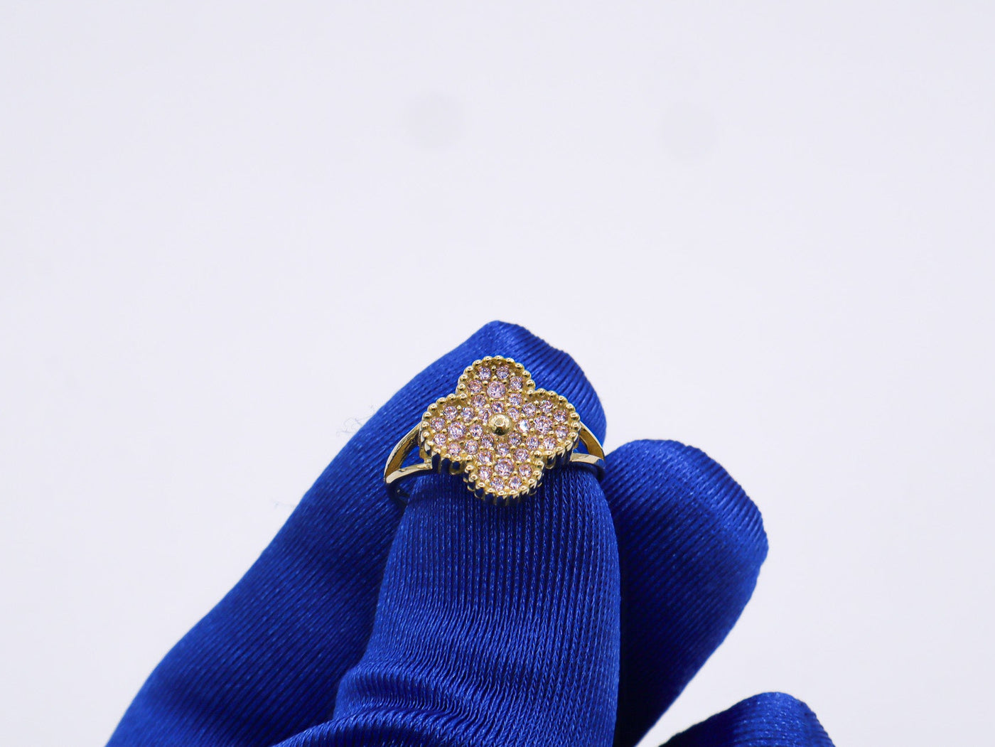 10K Solid Yellow Gold Four Leaf Clover CZ Ring (Pink & White)