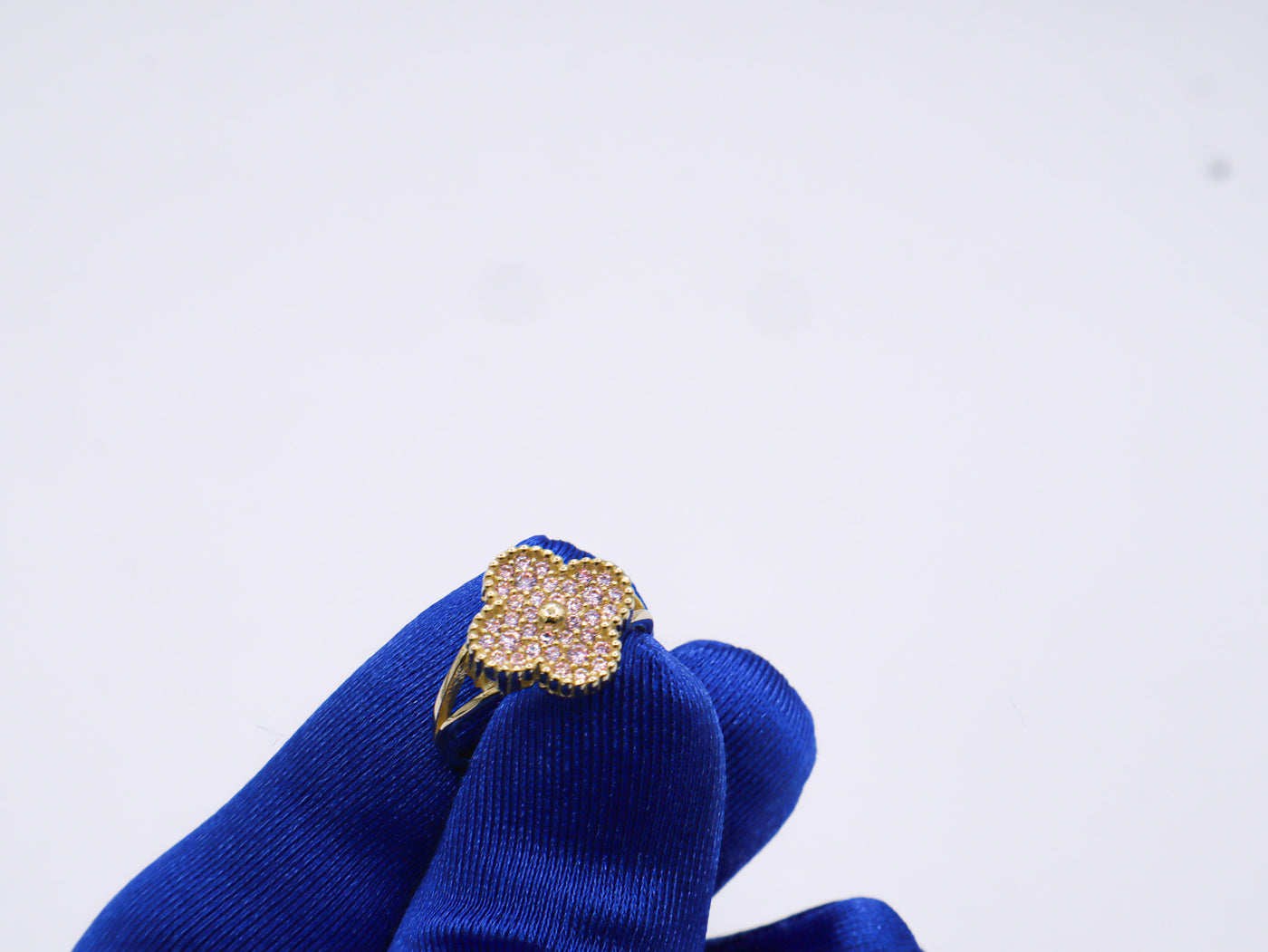 10K Solid Yellow Gold Four Leaf Clover CZ Ring (Pink & White)