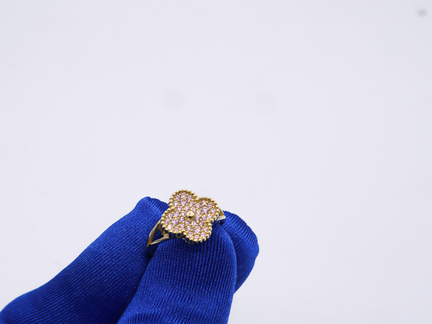 10K Solid Yellow Gold Four Leaf Clover CZ Ring (Pink & White)