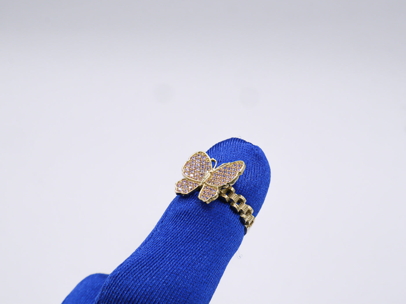 10K Solid Yellow Gold Butterfly Rolly Band Ring (Pink & White CZ)