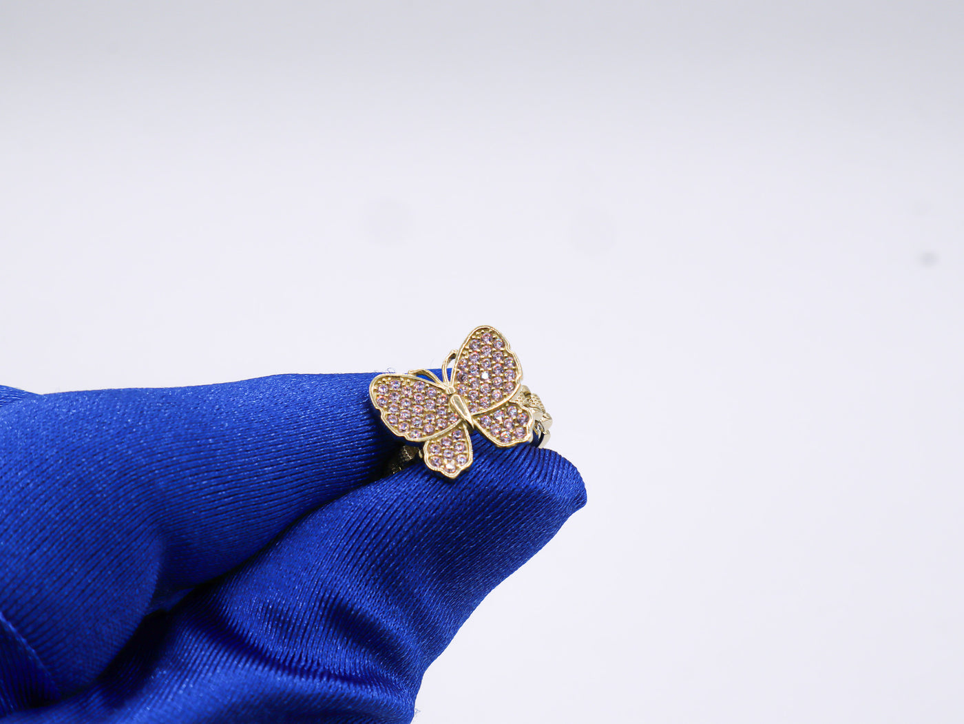 10K Solid Yellow Gold Butterfly Rolly Band Ring (Pink & White CZ)