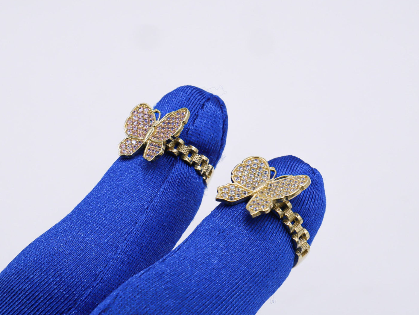 10K Solid Yellow Gold Butterfly Rolly Band Ring (Pink & White CZ)