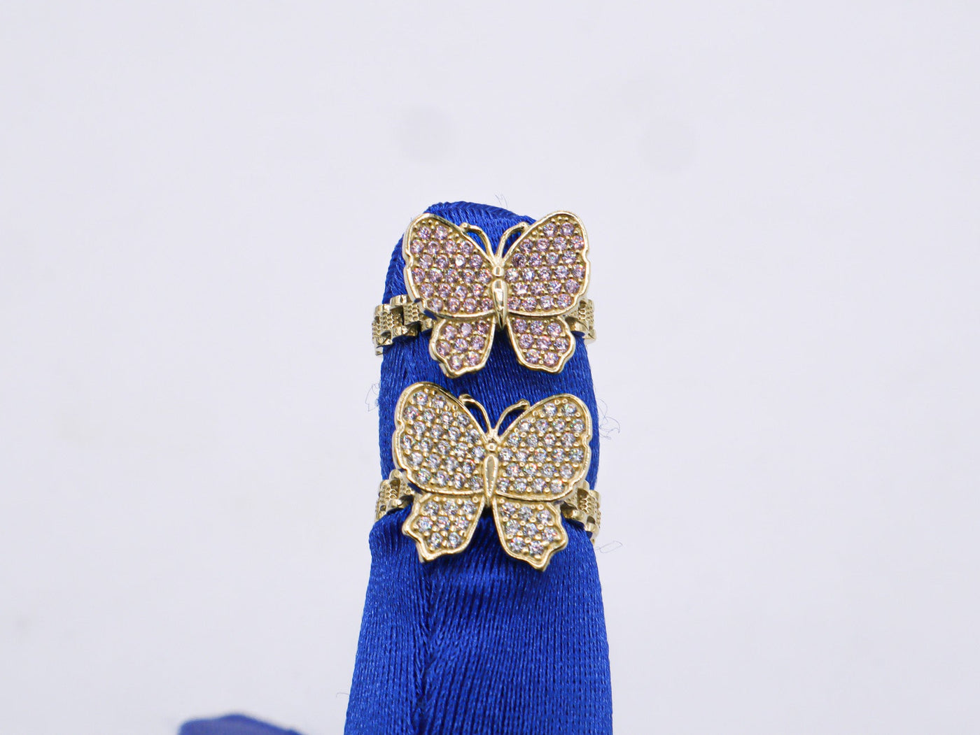 10K Solid Yellow Gold Butterfly Rolly Band Ring (Pink & White CZ)