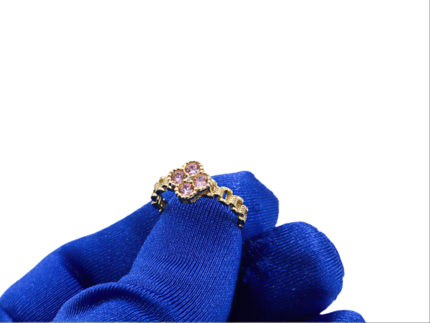 10K Solid Yellow Gold Pink Four Leaf Clover Rolly Band Ring