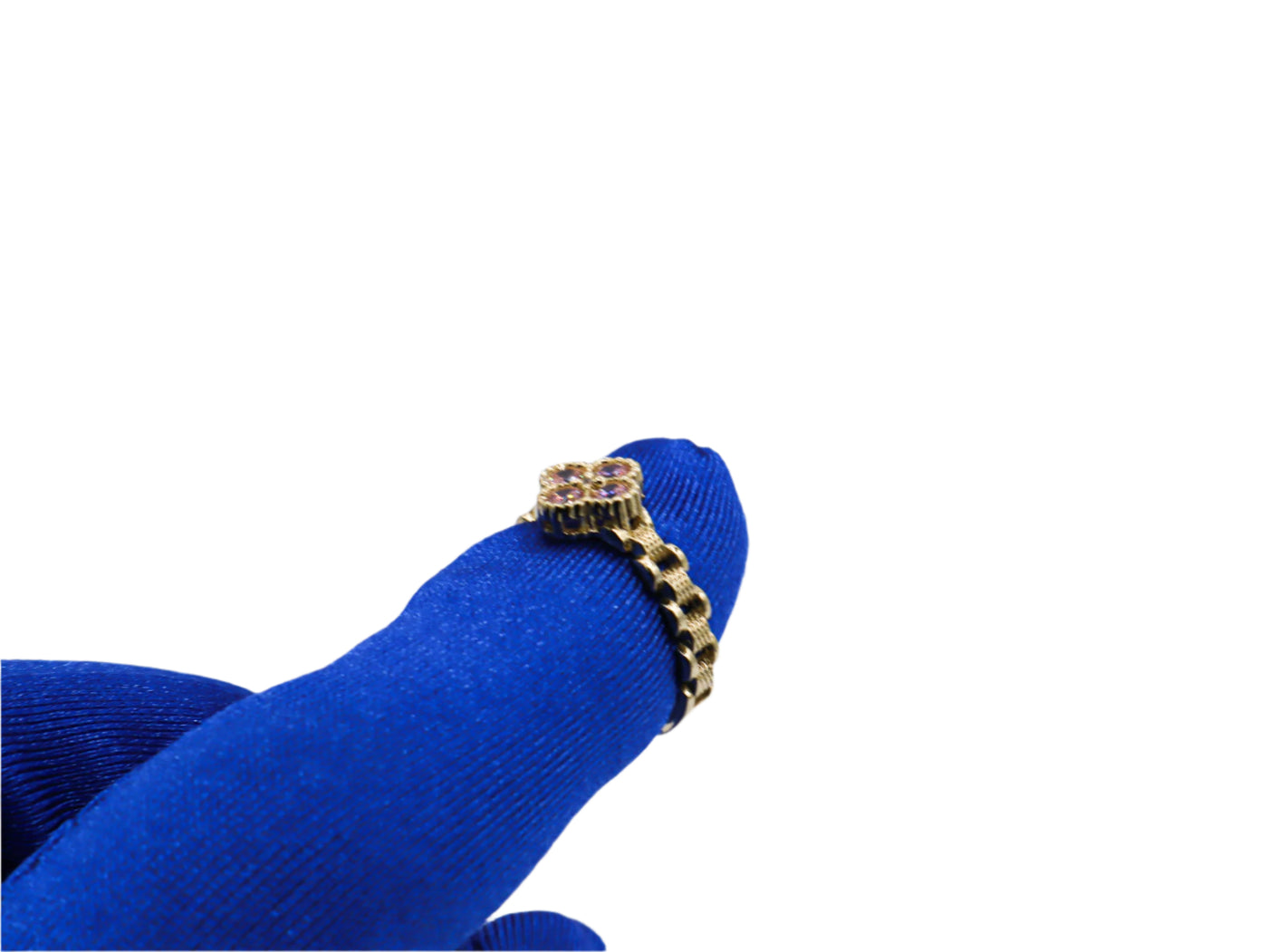 10K Solid Yellow Gold Pink Four Leaf Clover Rolly Band Ring