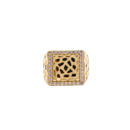 Square Gold nugget Ring 10K Solid Yellow Gold Cubic Zirconia Diamonds- STF DIAMONDS