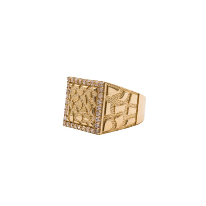 Square Gold nugget Ring 10K Solid Yellow Gold Cubic Zirconia Diamonds- STF DIAMONDS