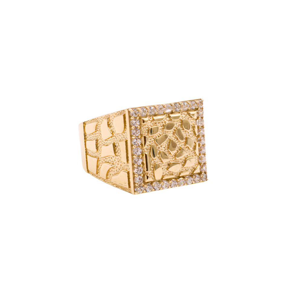 10K Solid Yellow Gold Square Nugget CZ Ring