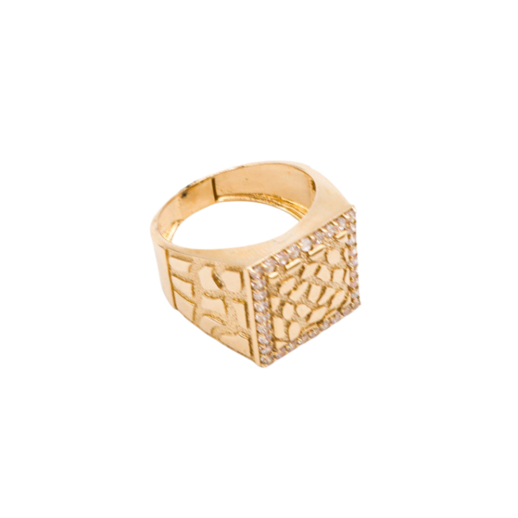 10K Solid Yellow Gold Square Nugget CZ Ring