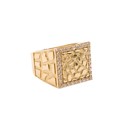 Square Gold nugget Ring 10K Solid Yellow Gold Cubic Zirconia Diamonds- STF DIAMONDS