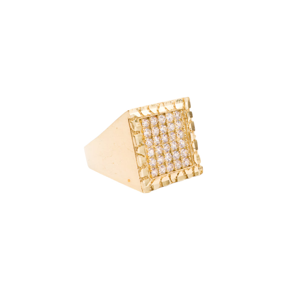 10K Solid Yellow Gold Square Nugget Frame CZ Ring