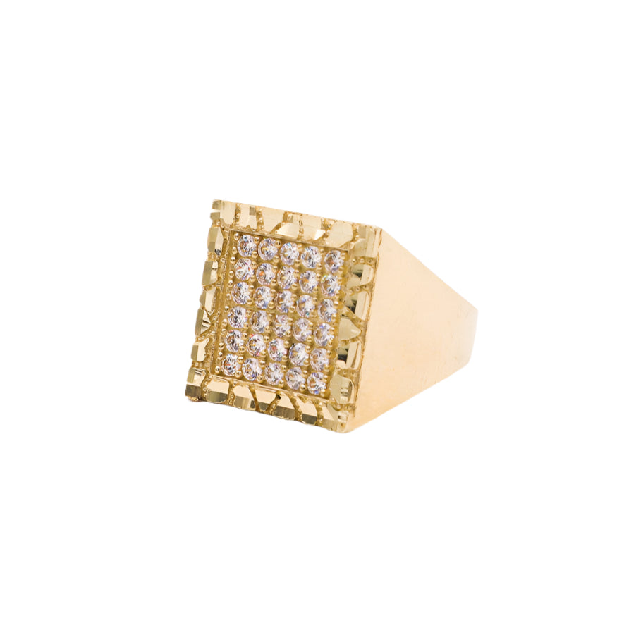 10K Solid Yellow Gold Square Nugget Frame CZ Ring