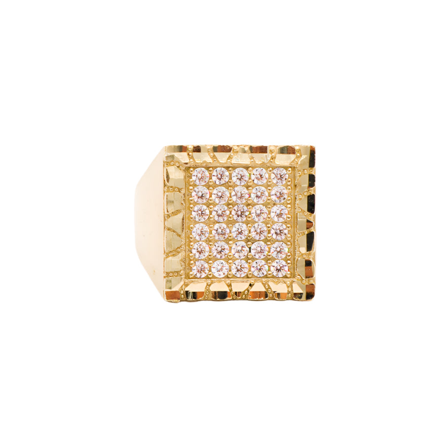 10K Solid Yellow Gold Square Nugget Frame CZ Ring