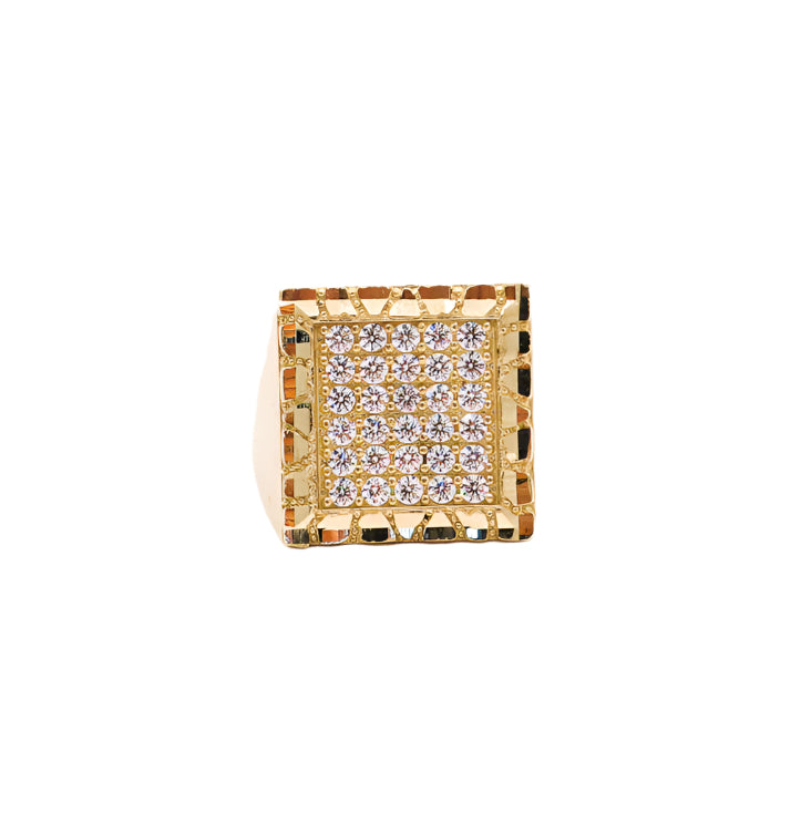 10K Solid Yellow Gold Square Nugget Frame CZ Ring