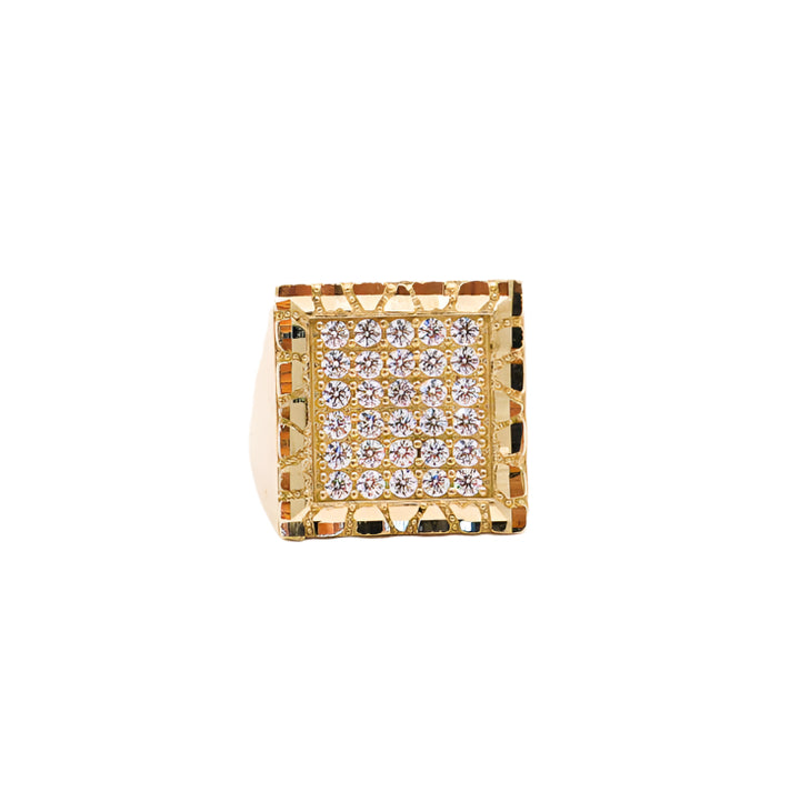10K Solid Yellow Gold Square Nugget Frame CZ Ring