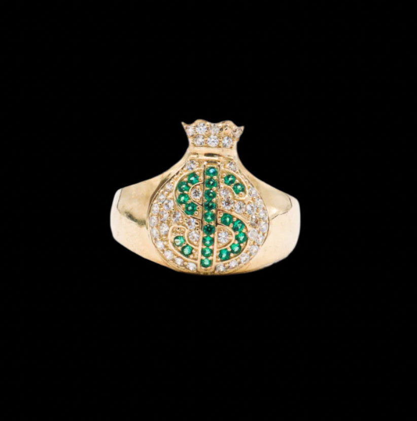 10K Solid Yellow Gold Money Bag Ring (Green Dollar Sign CZ)