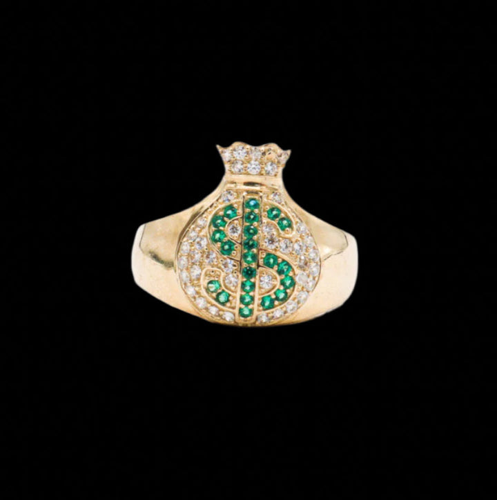 10K Solid Yellow Gold Money Bag Ring (Green Dollar Sign CZ)