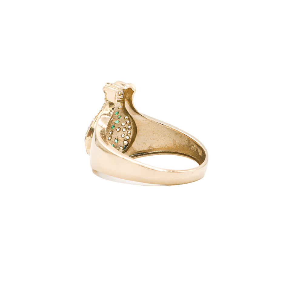 10K Solid Yellow Gold Money Bag Ring (Green Dollar Sign CZ)
