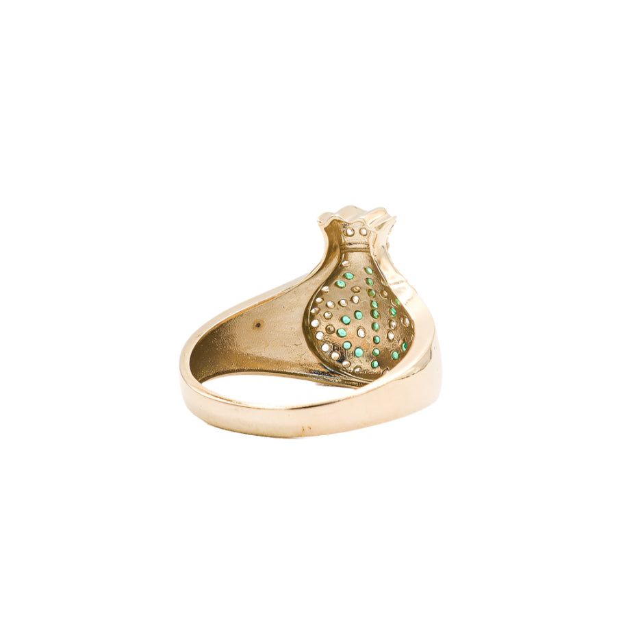 10K Solid Yellow Gold Money Bag Ring (Green Dollar Sign CZ)