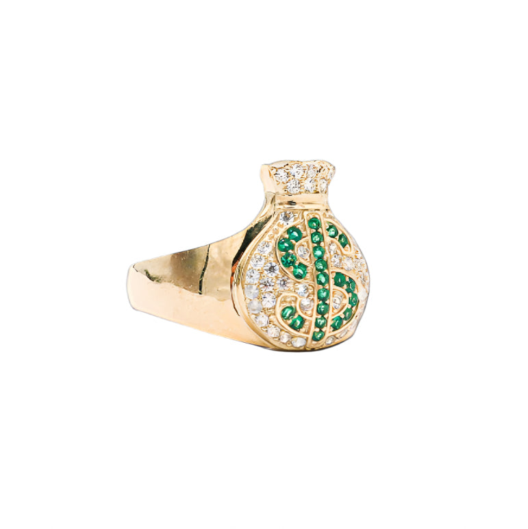 10K Solid Yellow Gold Money Bag Ring (Green Dollar Sign CZ)