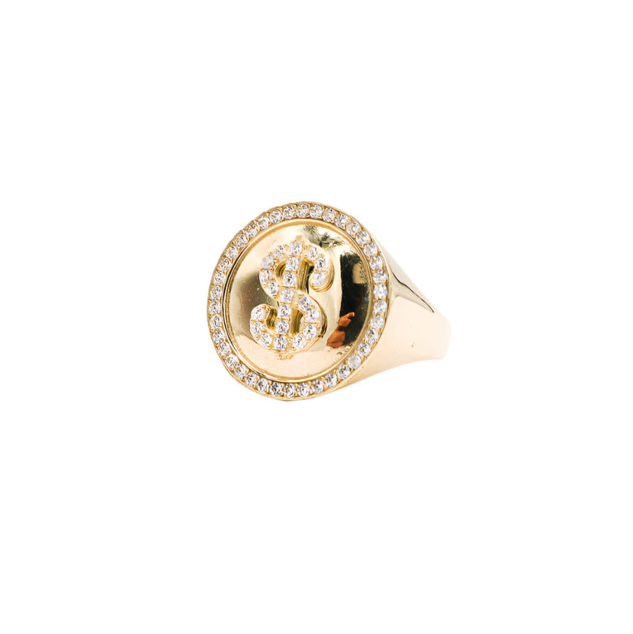 10K Solid Yellow Gold Money Sign CZ Ring