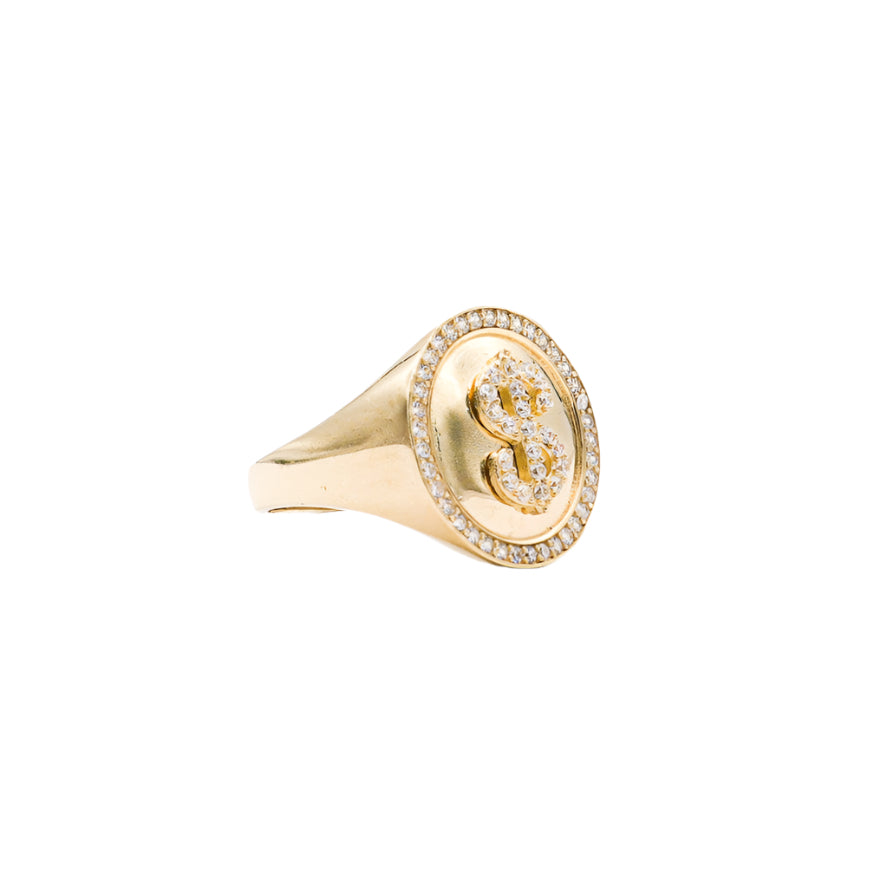 10K Solid Yellow Gold Money Sign CZ Ring