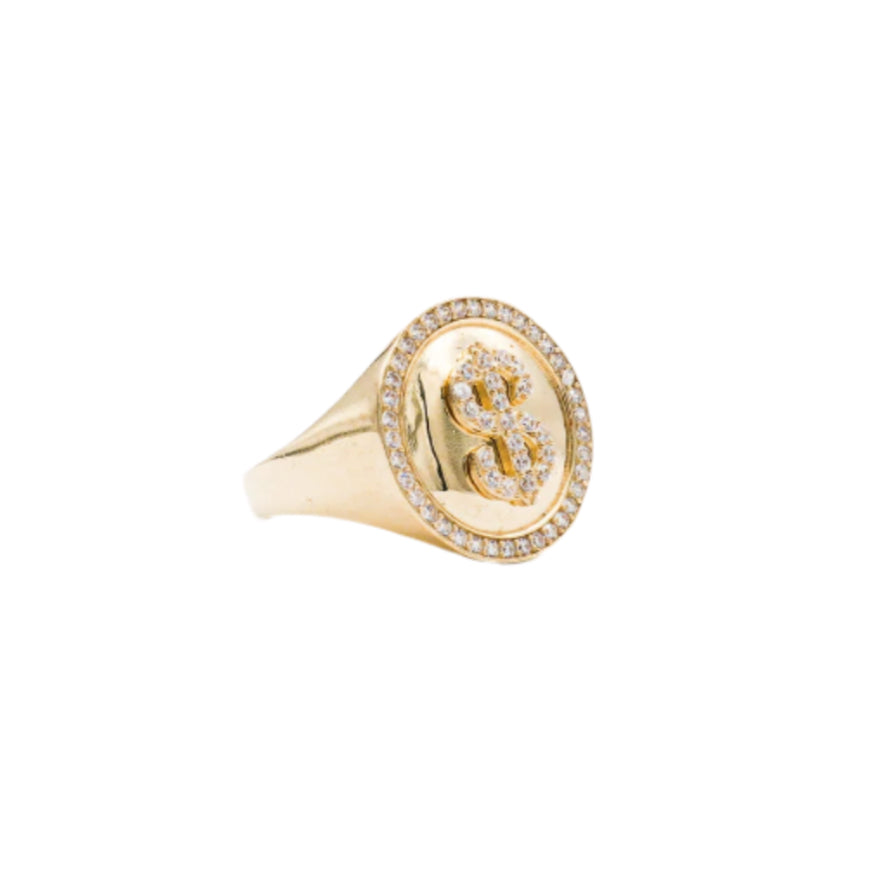 10K Solid Yellow Gold Money Sign CZ Ring