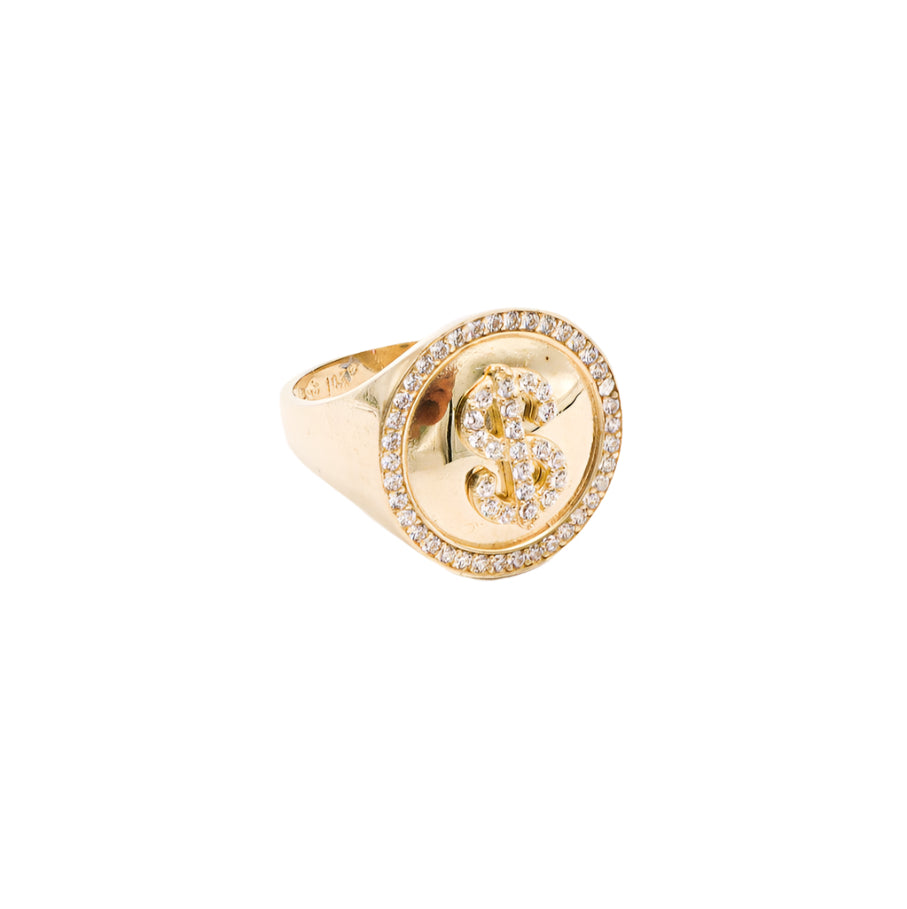 10K Solid Yellow Gold Money Sign CZ Ring