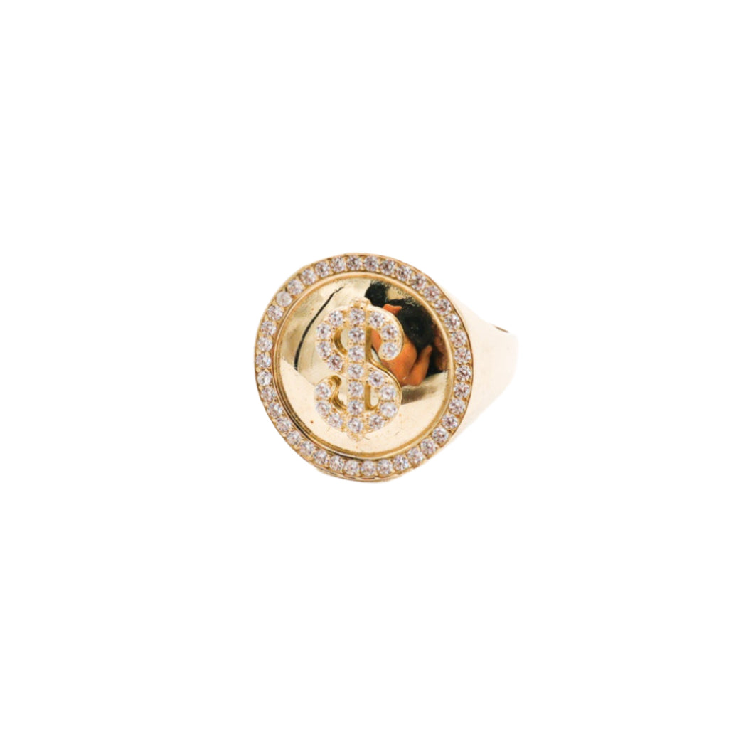 10K Solid Yellow Gold Money Sign CZ Ring