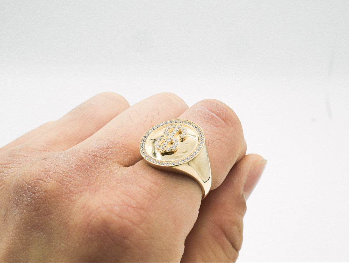 10K Solid Yellow Gold Money Sign CZ Ring
