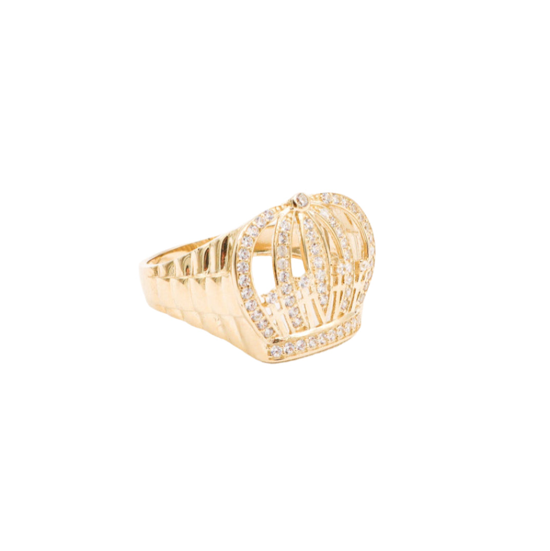 10K Solid Yellow Gold Crown Rolly Band CZ Ring