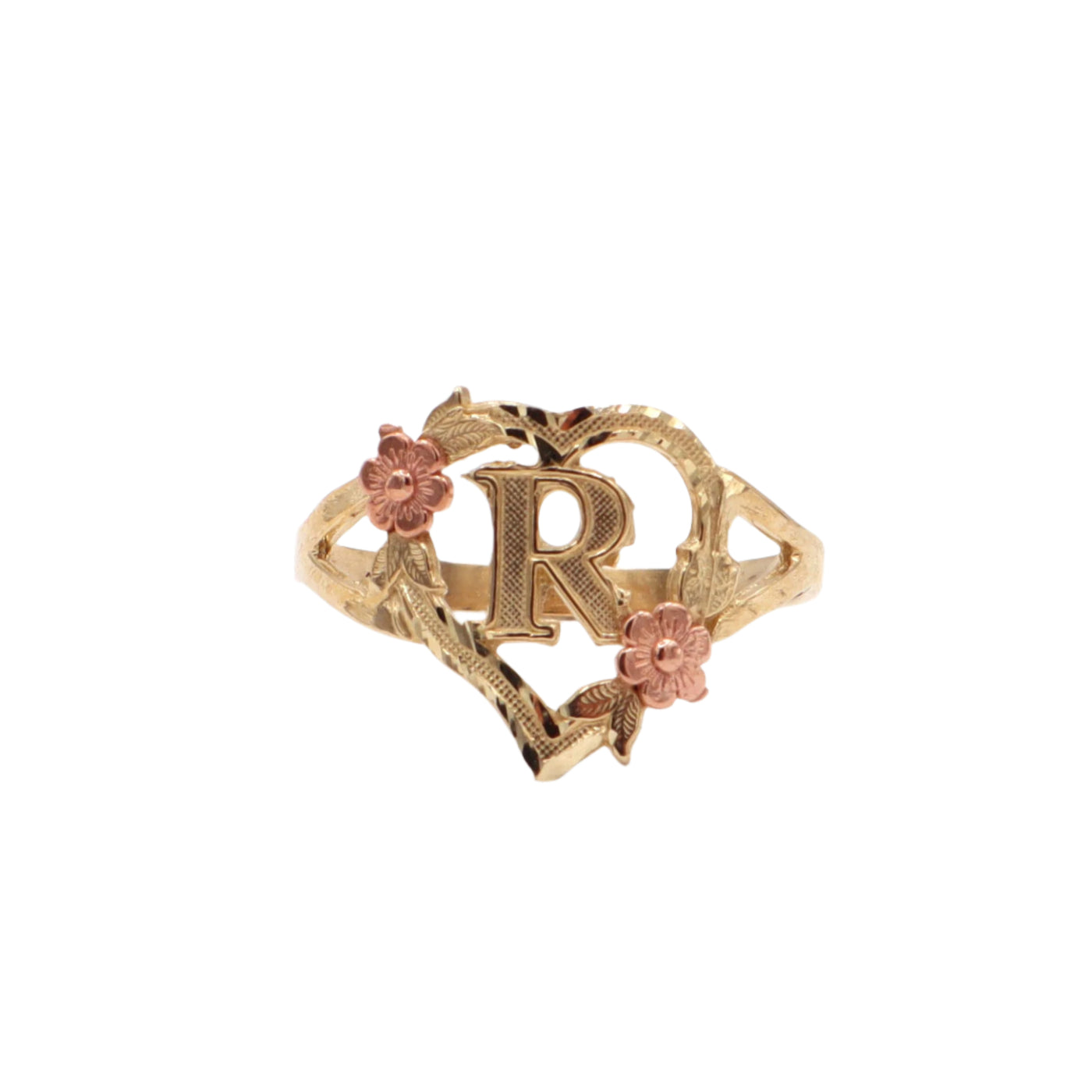 10K Solid Yellow Gold Rose Initial Ring
