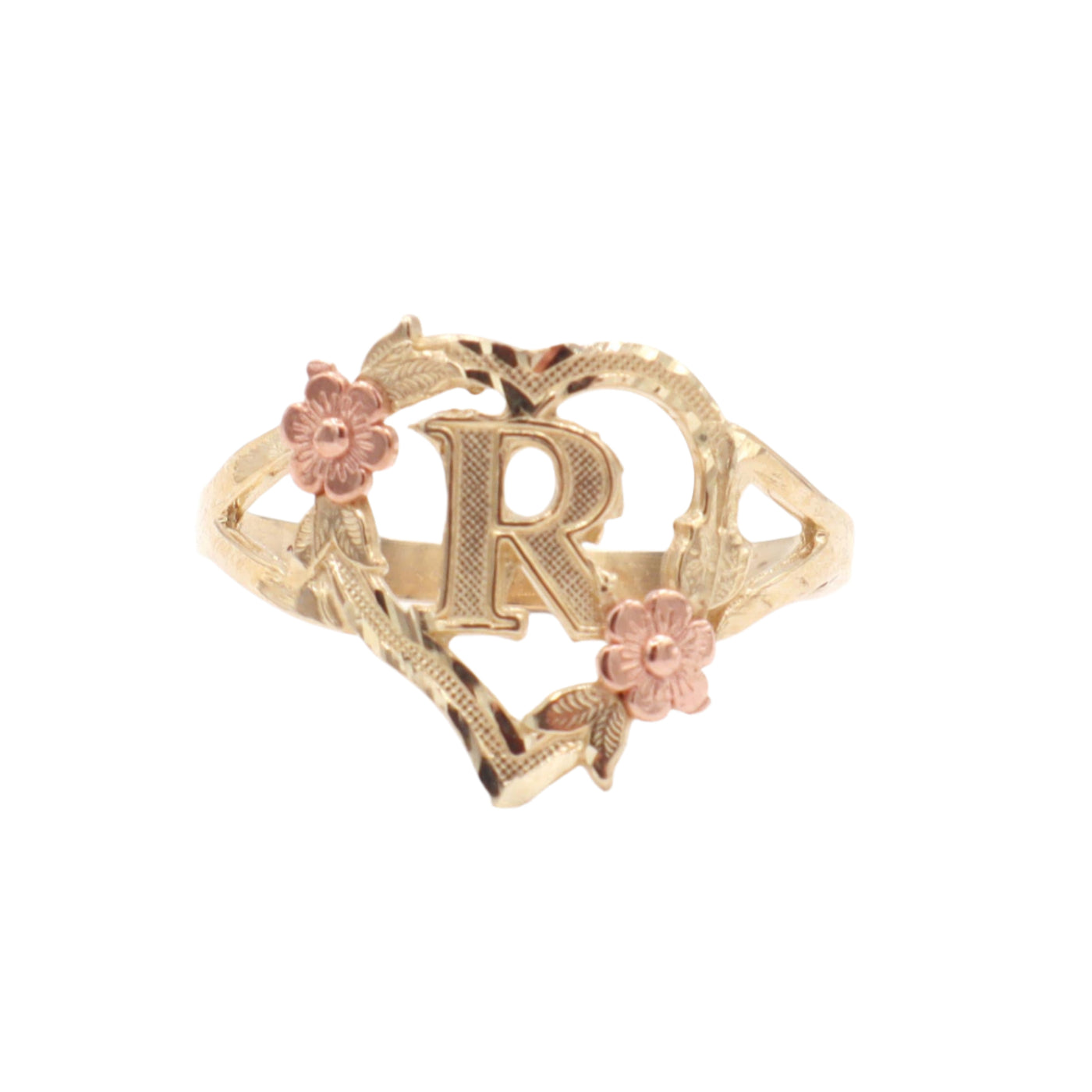 10K Solid Yellow Gold Rose Initial Ring