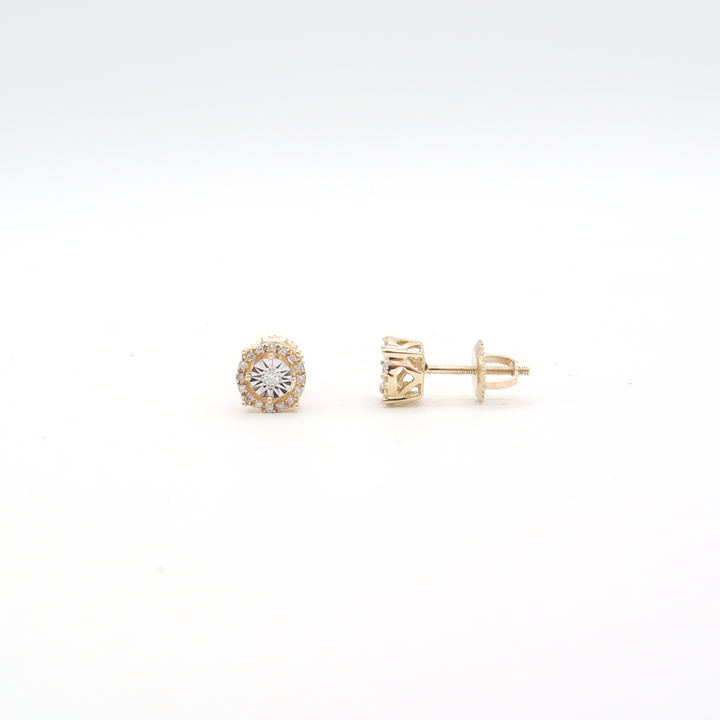 10K Solid Yellow Gold Illusion & Pave Diamond Earrings
