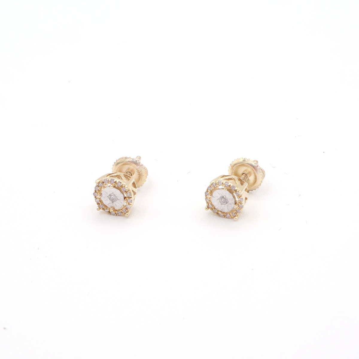 10K Solid Yellow Gold Illusion & Pave Diamond Earrings