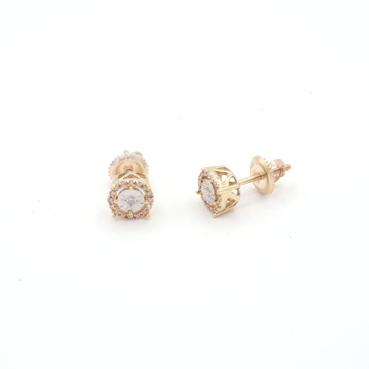 10K Solid Yellow Gold Illusion & Pave Diamond Earrings