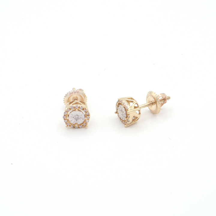 10K Solid Yellow Gold Illusion & Pave Diamond Earrings