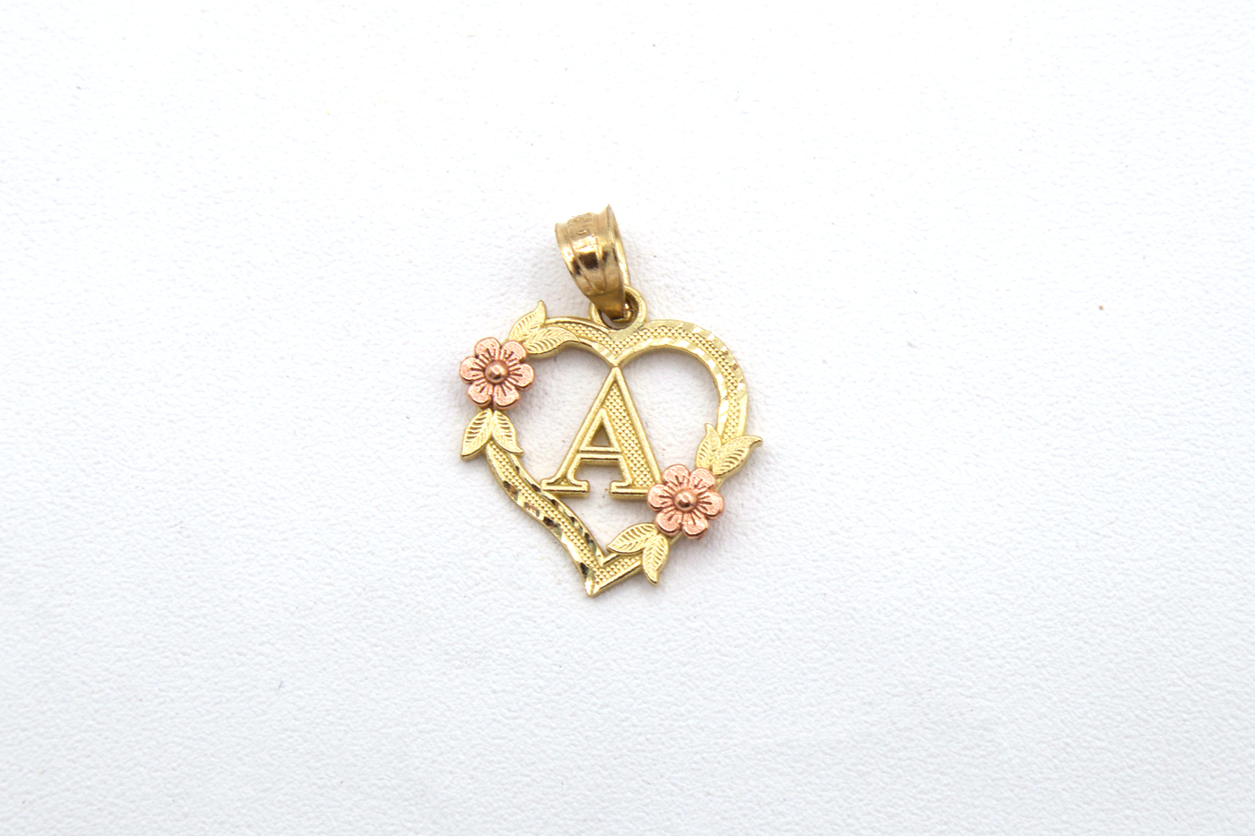 10K Solid Rose Gold Heart Initial Charm with Rose Gold Flower