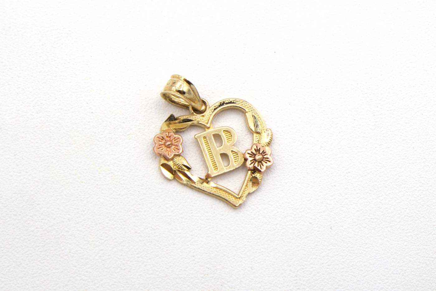10K Solid Rose Gold Heart Initial Charm with Rose Gold Flower