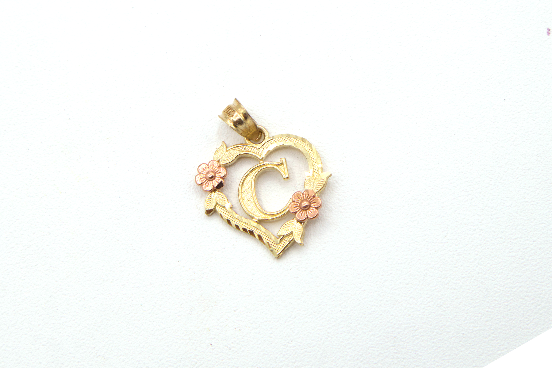 Initial Letters with Rose Gold Flower on heart shape Charm 10K Pure Yellow Gold - STF DIAMONDS