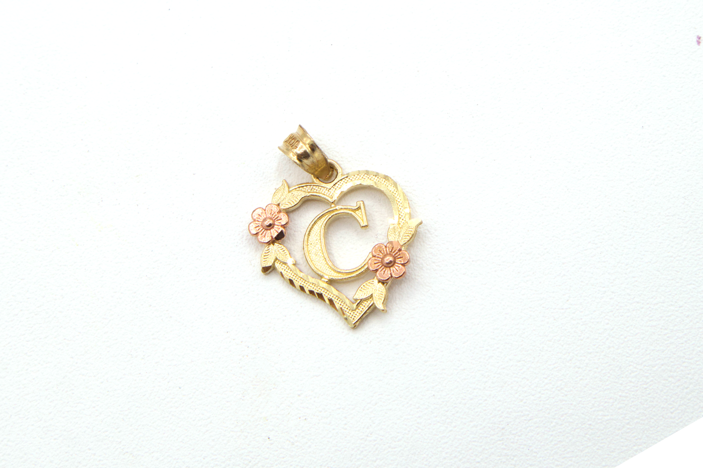 10K Solid Rose Gold Heart Initial Charm with Rose Gold Flower